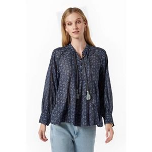 Joie Dracha Blue Cotton Blouse Small Long Sleeve Tasseled Henley Button Front